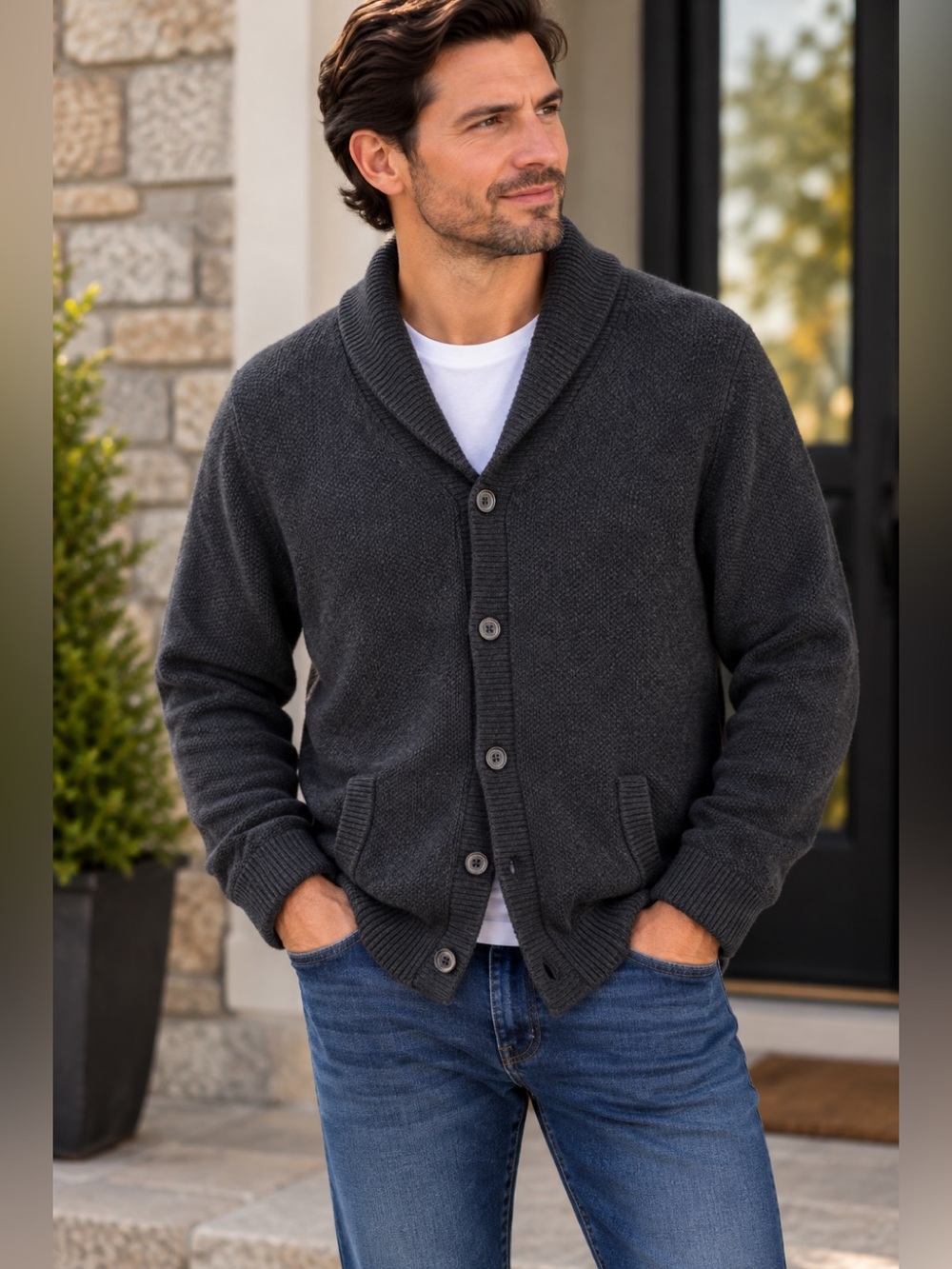 L.L.Bean Men’s XL 100% Lambswool Shawl Collar Cardigan Charcoal Grey